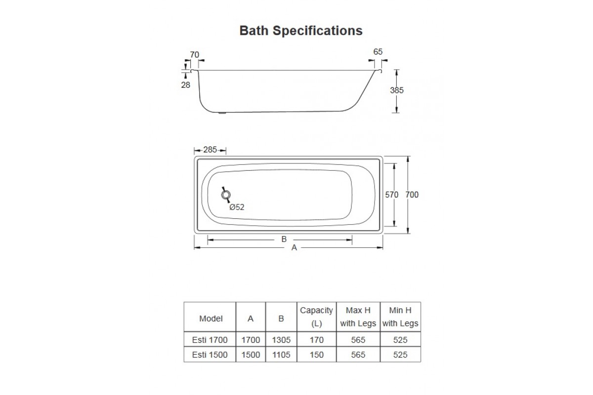 Marbletrend Quality ESTI Enamelled Steel Drop In Bathtub 1500MM   STEEL BATH SPECS 1200x800 